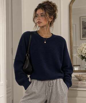 Good American Rib Knit Navy Pullover Sweater Size 2 Quiet Luxury Soft Crewneck